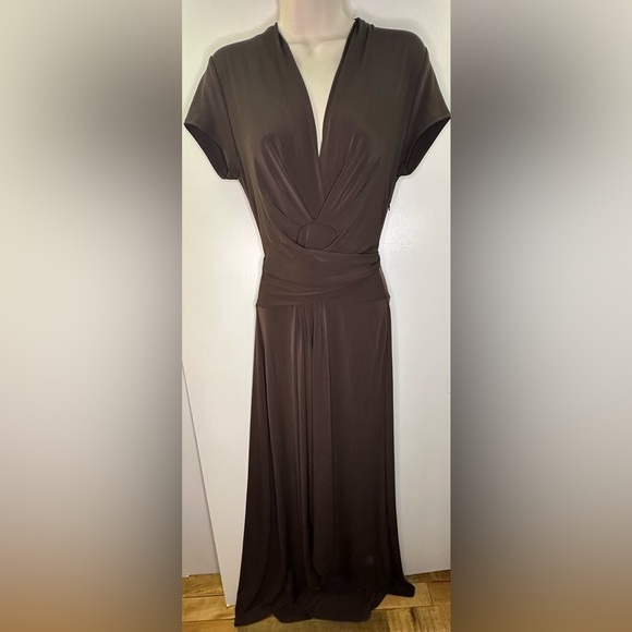 MICHAEL Michael Kors Brown Midi Hi Low Cap Sleeve Slinky Wrap Dress size 2 - Picture 3 of 9